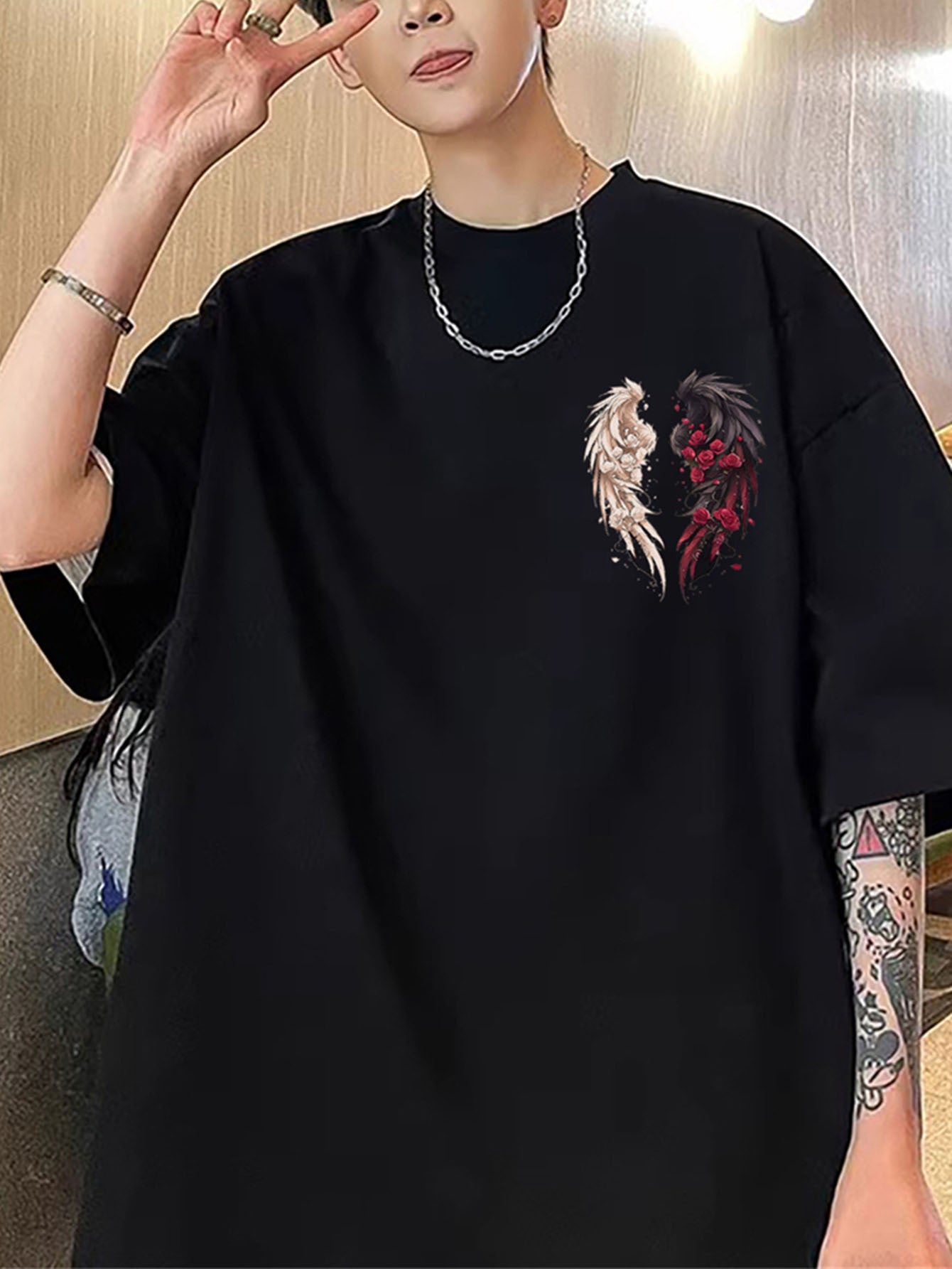 Men's Wing Pattern Printed T-shirt, Casual Short Sleeved Round Neck T-shirt, Summer Outdoor Men's Clothing-3