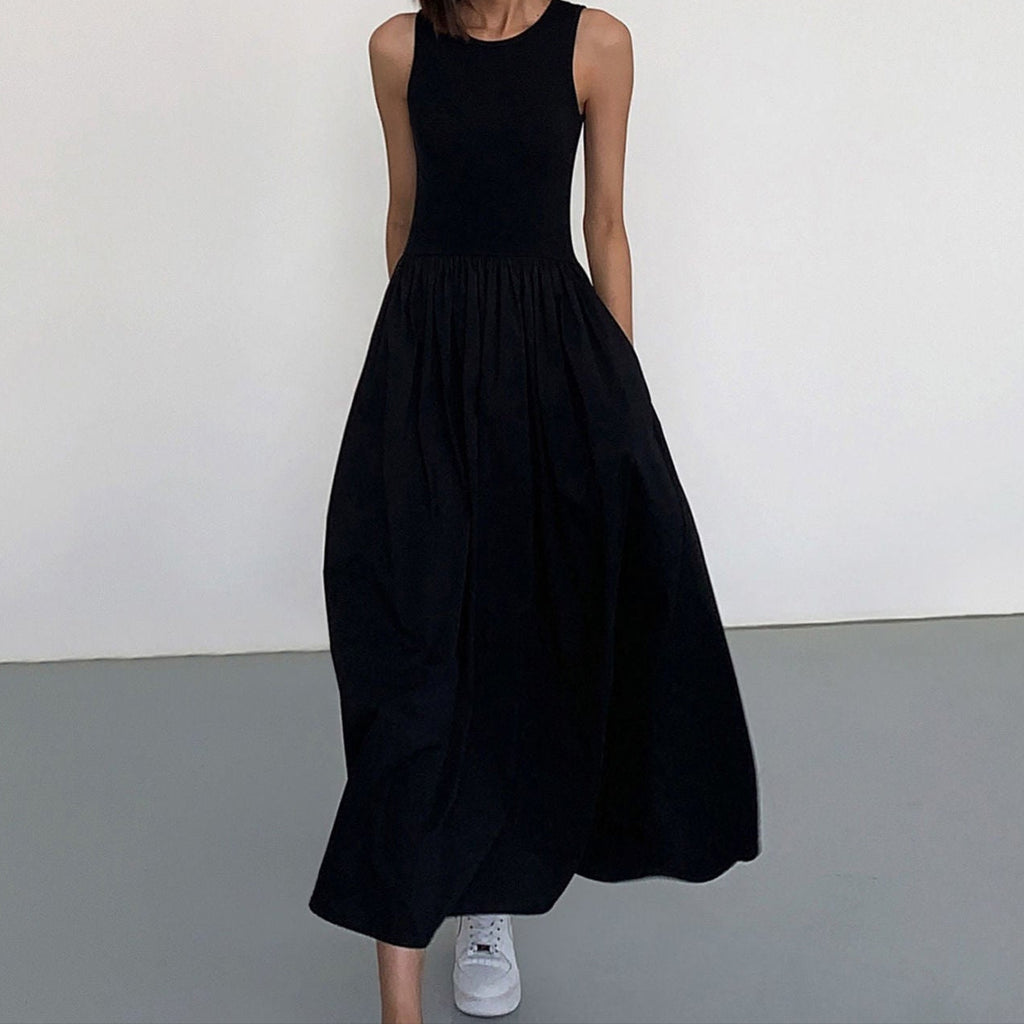Black sleeveless long maxi dress for women, perfect for summer, featuring a high waist and full skirt.