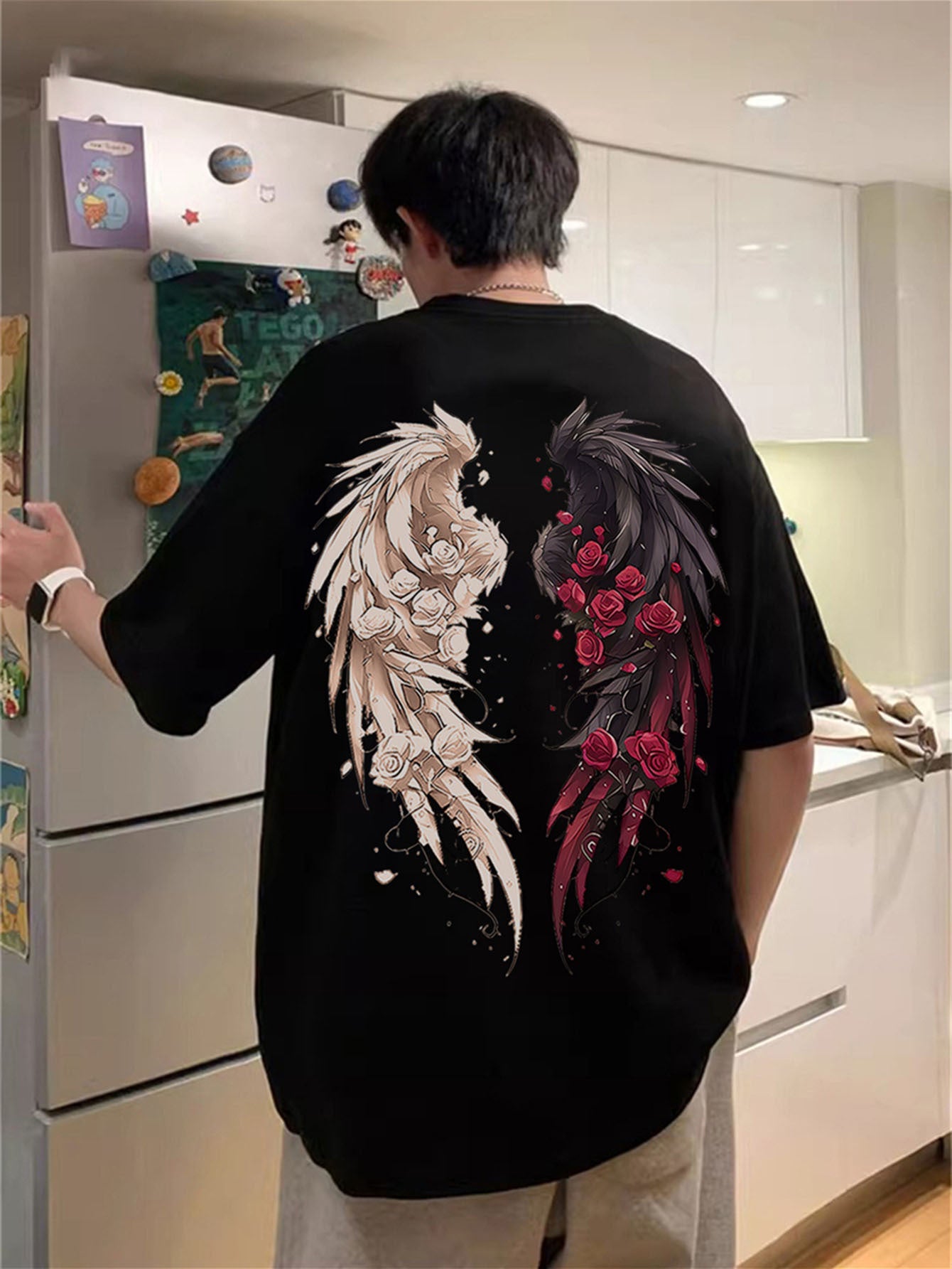 Men's Wing Pattern Printed T-shirt, Casual Short Sleeved Round Neck T-shirt, Summer Outdoor Men's Clothing-1